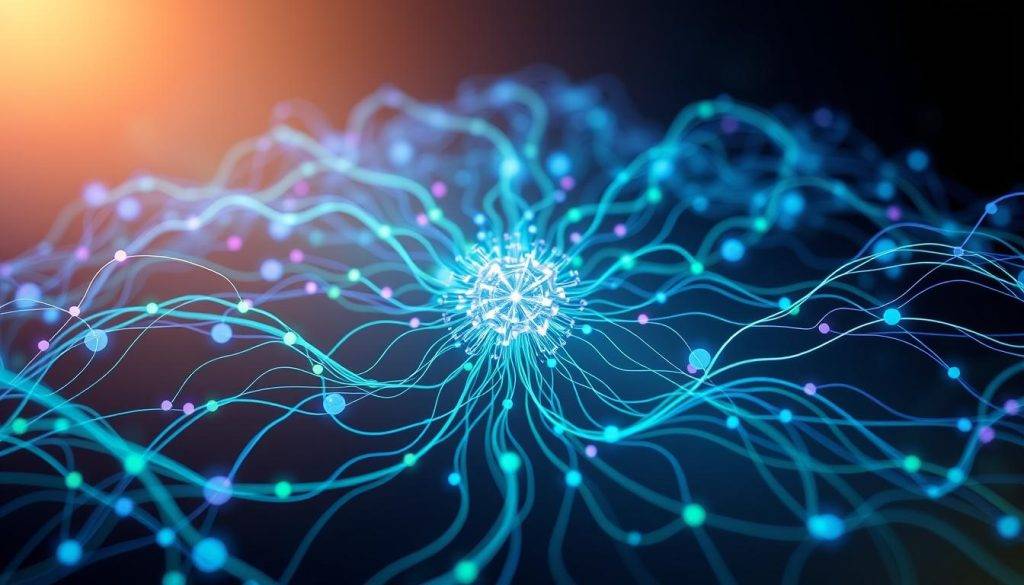 A dynamic and energetic flow diagram depicting the interconnectedness of thoughts, emotions, and matter. In the foreground, an intricate web of pulsing lines and organic shapes in shades of blue, green, and purple, representing the energetic flow between the three elements. In the middle ground, a central nexus where the lines converge, radiating outward in a mesmerizing display. The background features a subtly shifting gradient, hinting at the ever-changing nature of this energetic tapestry. The scene is illuminated by a warm, ambient light, casting a soft glow and creating a sense of depth and dimension. The overall composition conveys a feeling of harmony, balance, and the transformative power of connection.