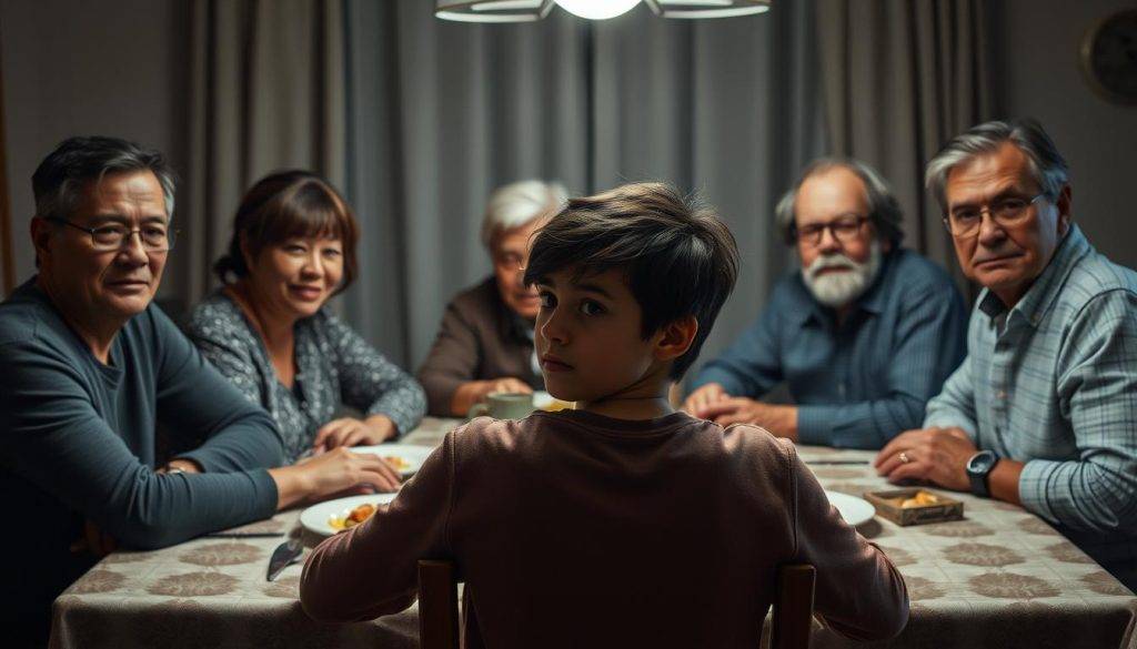 A family gathered around a dining table, their expressions reflecting a range of emotions - from apprehension to affection. In the foreground, a young adult sits slightly apart, their posture guarded, conveying the tension of establishing personal boundaries. The middle ground features older family members, their gestures and gazes suggesting both support and expectation. The background is softly lit, hinting at the complex dynamics that have shaped this family's relationships over time. The scene is rendered in a muted, contemplative palette, inviting the viewer to ponder the delicate balance between individual needs and familial influences.