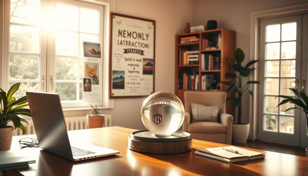 A freelancer's serene office, bathed in warm, natural light filtering through large windows. In the foreground, a meticulously organized desk with a laptop, a vision board displaying inspiring images and affirmations, and a crystal sphere symbolizing the law of attraction. The middle ground features a cozy armchair and a houseplant, creating a harmonious, productive atmosphere. In the background, a bookshelf showcases self-help and entrepreneurial titles, hinting at the freelancer's commitment to personal growth and manifestation. The overall mood is one of focus, clarity, and a sense of effortless abundance.