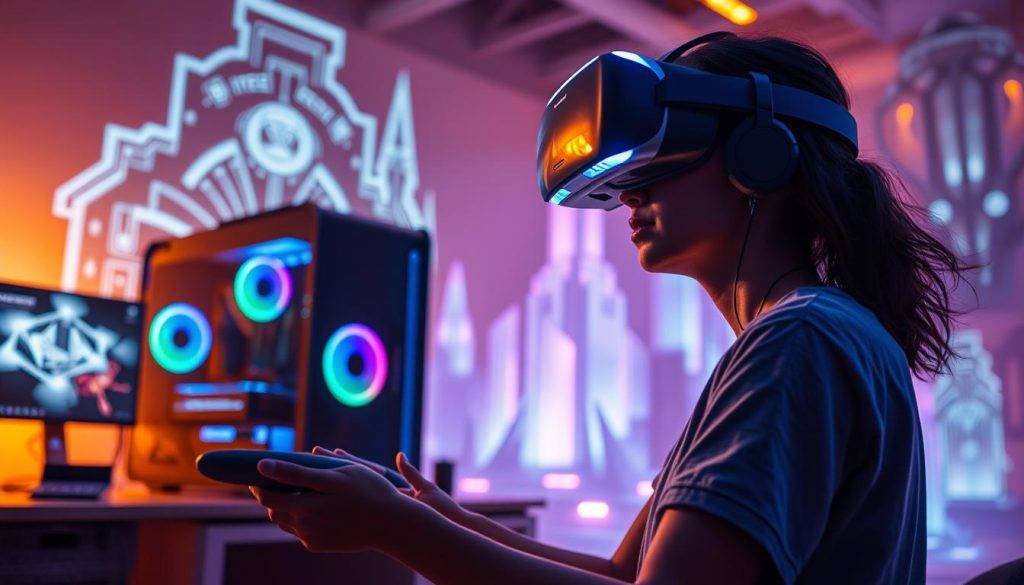 A futuristic virtual reality gaming setup, with a player immersed in a captivating digital world. In the foreground, a sleek, state-of-the-art VR headset and motion-tracking controllers. The middle ground showcases a high-performance gaming PC, its vibrant RGB lighting casting an ethereal glow. In the background, a seamless blend of the physical and digital realms, with holographic displays and futuristic architectural elements. Warm, diffused lighting creates an atmosphere of cutting-edge technology and boundless imagination. The scene embodies the innovative trends shaping the future of virtual reality visualization, blurring the lines between the physical and the virtual.
