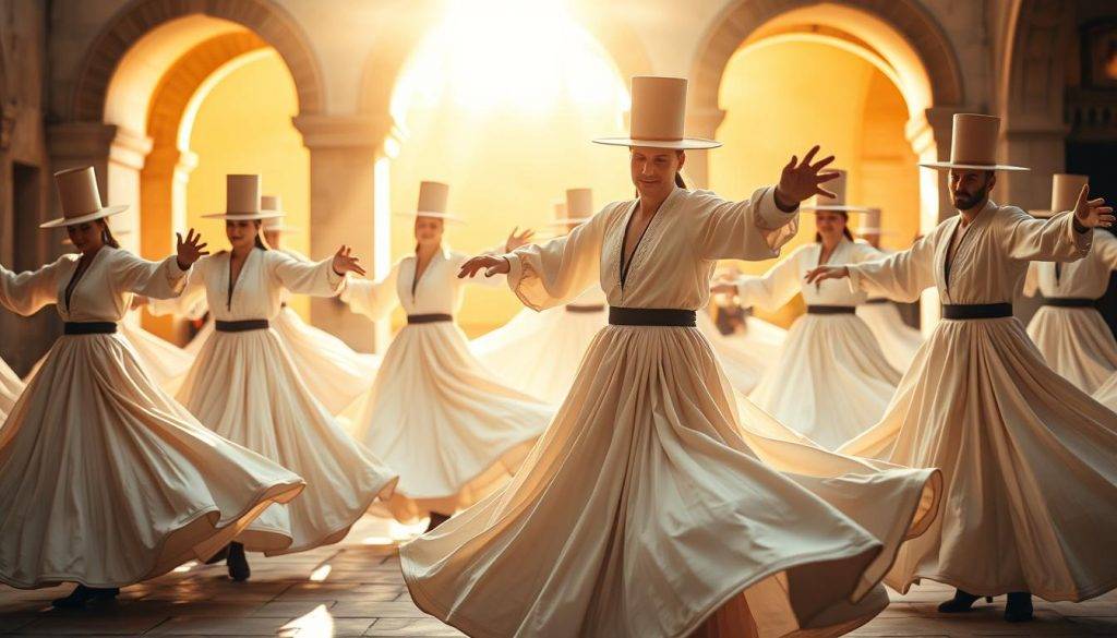 A group of Sufi whirling dervishes gracefully spinning in a sunlit courtyard, their long white robes billowing and their bodies in perfect unison, conveying a sense of profound inner peace and transcendent spiritual ecstasy. The scene is bathed in warm, golden light that filters through the archways, creating a serene and ethereal atmosphere. The dervishes' expressions are tranquil and focused, their faces partially obscured by their tall, cylindrical hats. The background is slightly blurred, drawing the viewer's attention to the mesmerizing movements and emotional intensity of the performers. The overall composition evokes a feeling of liberating physical and emotional release.