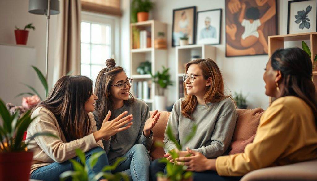 A group of young adults gathered in a cozy living room, engaged in thoughtful discussion. Soft, warm lighting casts a welcoming glow, while colorful décor and plants create a nurturing, intimate atmosphere. In the foreground, two friends sit close, gesturing animatedly as they share their experiences and offer each other emotional support. In the middle ground, a mentor figure leans in, providing guidance and expertise. The background showcases a bookshelf and artwork, hinting at the wealth of resources available to aid in personal growth. An overall sense of community, connection, and empowerment pervades the scene.