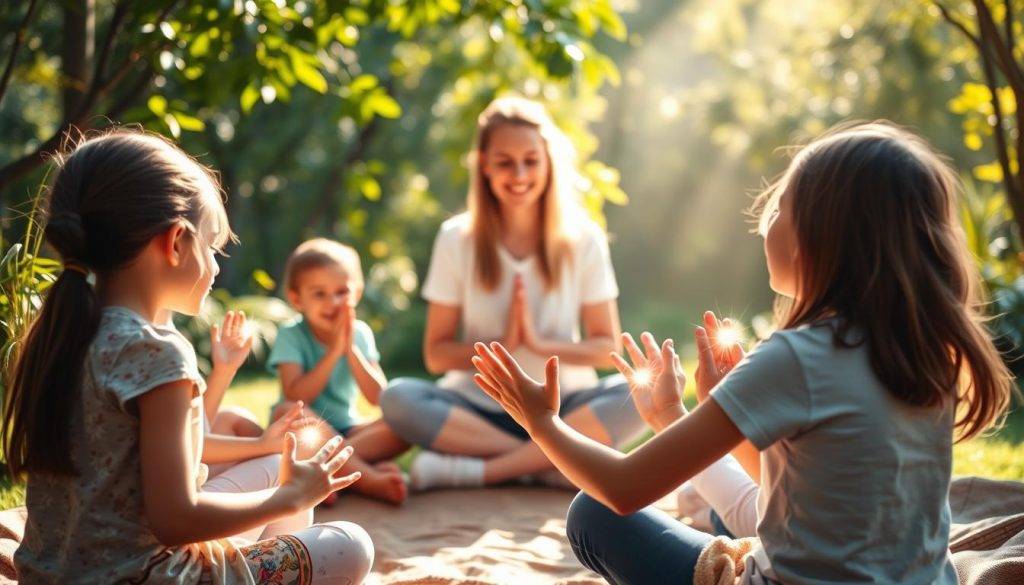 A heartwarming scene of children's emotional empowerment through energy healing. In the foreground, a group of young kids sit in a peaceful circle, their hands intertwined as they focus intently, radiant auras surrounding them. The middle ground features a nurturing adult guiding the practice, their gentle expression exuding compassion. The background showcases a serene natural setting, with sunlight filtering through lush foliage, creating a warm, ethereal atmosphere. The overall mood is one of deep connection, inner strength, and the transformative power of energy work to uplift and empower young minds.