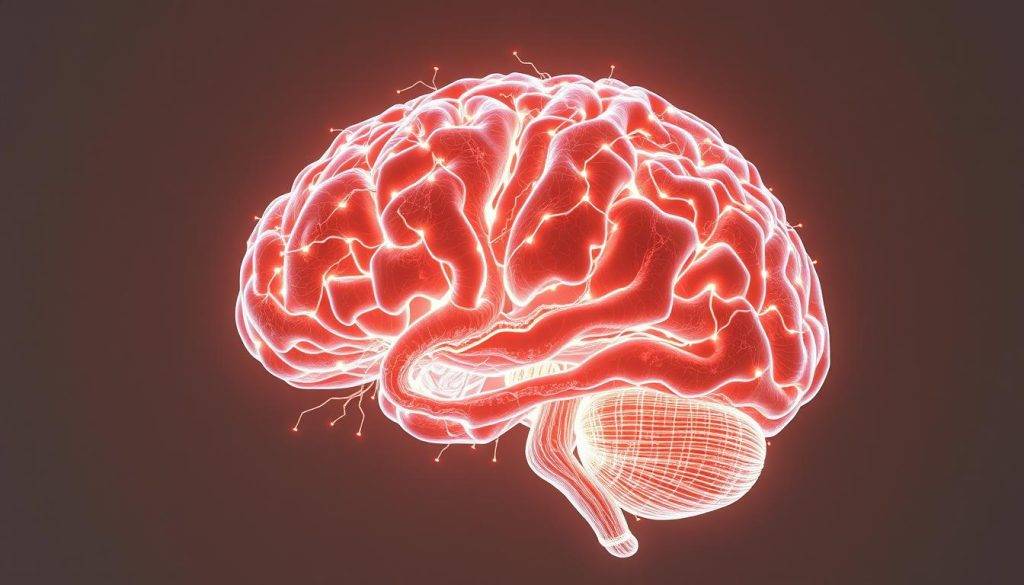 A highly detailed, photorealistic illustration of complex neural pathways, resembling a cross-section of the human brain. The pathways should be depicted as glowing, luminescent strands of energy, pulsing and interconnecting in a mesmerizing 3D network. The background should be a muted, neutral tone, allowing the neural pathways to stand out in vivid contrast. Subtle lighting should create depth and dimension, casting soft shadows and highlights to enhance the sense of depth and volume. The overall composition should convey a sense of scientific precision, wonder, and the incredible complexity of the human mind.