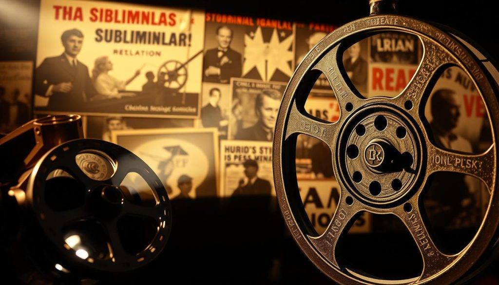 A historical montage of subliminal messaging techniques. In the foreground, an old-fashioned film reel projects flickering images, hinting at the covert methods of the past. In the middle ground, silhouettes of people with words and symbols flashing subliminally across their minds. In the background, a collage of vintage advertisements, propaganda posters, and other media that utilized subliminal persuasion, cast in a sepia-toned, nostalgic light. Dramatic high-contrast lighting creates an atmosphere of mystery and the unseen. Shot with a wide-angle lens to encompass the breadth of this visual history, the composition invites the viewer to uncover the hidden influences that have shaped society.