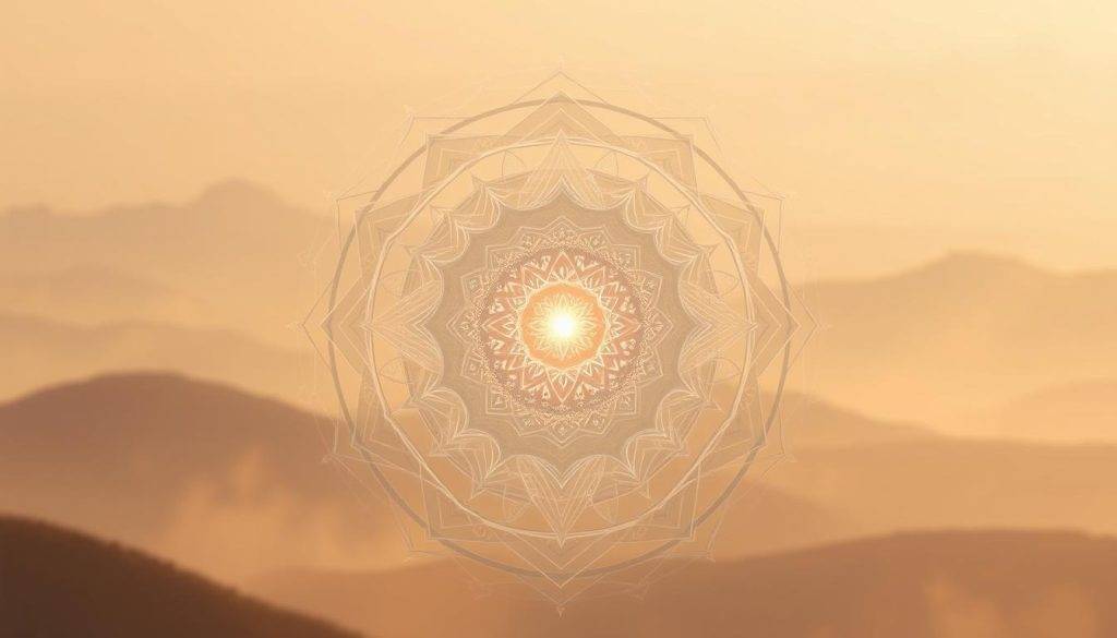 A holistic energy alignment diagram against a soft, ethereal background. In the foreground, an intricate mandala-like pattern of interlocking geometric shapes and flowing energy lines, radiating outwards in a harmonious balance. The middle ground features a central, glowing orb of light, surrounded by swirling, iridescent particles. In the background, a hazy, atmospheric landscape with subtle gradients of color, evoking a sense of tranquility and connection. The lighting is warm and diffuse, creating a serene, meditative ambiance. Captured with a wide-angle lens to showcase the expansive, interconnected nature of the scene.