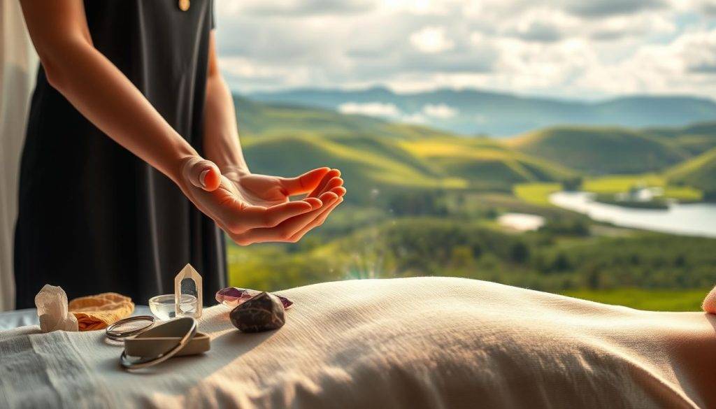 A holistic scene depicting biofield therapy techniques in a serene, natural setting. In the foreground, a practitioner's hands hover gently over a client's body, emanating soothing energy. Soft, diffused lighting bathes the scene, creating an atmosphere of tranquility. In the middle ground, various biofield therapy tools such as crystals, tuning forks, and energy-infused fabrics are artfully arranged. The background features a lush, verdant landscape with rolling hills, a calming body of water, and a softly clouded sky, conveying a sense of balance and connection with the natural world. The overall mood is one of harmony, healing, and the subtle yet powerful interplay between the physical and energetic realms.