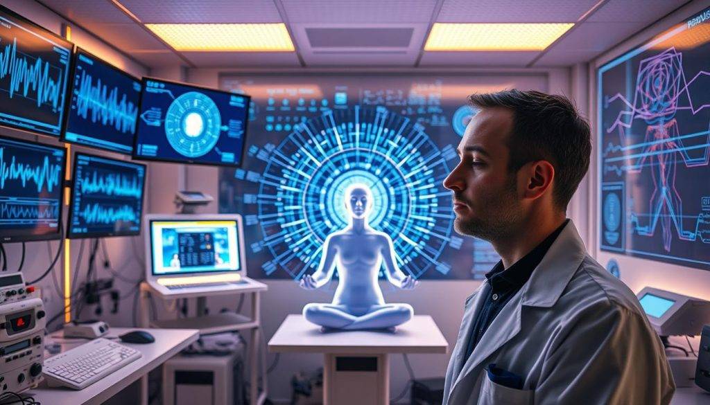 A laboratory with advanced scientific equipment, including an EEG machine, neural interface, and high-tech monitors displaying gamma wave patterns. The room is bathed in a soft, ethereal glow, creating a calming, meditative atmosphere. In the foreground, a researcher in a lab coat is intently studying the data, their face illuminated by the displays. The middle ground features a serene meditating figure, their eyes closed, surrounded by a halo of gamma wave visualizations. The background showcases futuristic technology, like holographic displays and neural connectivity diagrams, hinting at the cutting-edge nature of this gamma wave research.