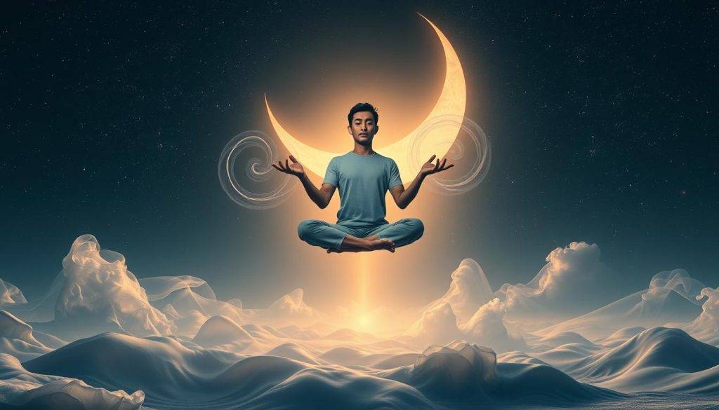 A lucid dream landscape unfolds, bathed in the soft glow of a crescent moon. In the foreground, a meditating figure levitates effortlessly, their expression serene and focused. Swirling energy patterns emanate from their hands, hinting at the mastery of advanced techniques. In the middle ground, fluid forms and translucent structures undulate, revealing the pliable nature of the dream realm. The background is a tapestry of cosmic imagery, with shimmering stars and nebulae dancing across the night sky. An aura of tranquility and mysticism permeates the scene, inviting the viewer to explore the depths of the subconscious mind.