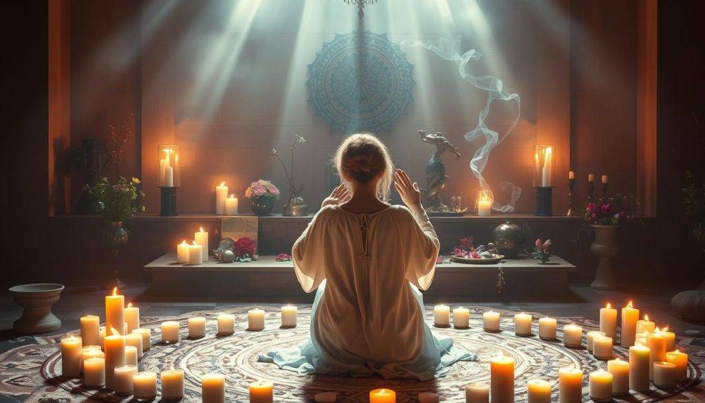 A luminous, ethereal ritual space filled with symbols of sacred feminine power. In the foreground, a figure in flowing robes kneels amidst a circle of candles, palms upturned in a gesture of receptivity. Soft, diffused lighting bathes the scene, creating an atmosphere of tranquility and introspection. The middle ground reveals an altar adorned with crystals, flowers, and other talismans of transformation. In the background, wisps of fragrant incense drift through the air, inviting a deeper state of consciousness. The overall impression is one of deep healing, mystical energies, and the surrendering of the self to the higher mysteries.