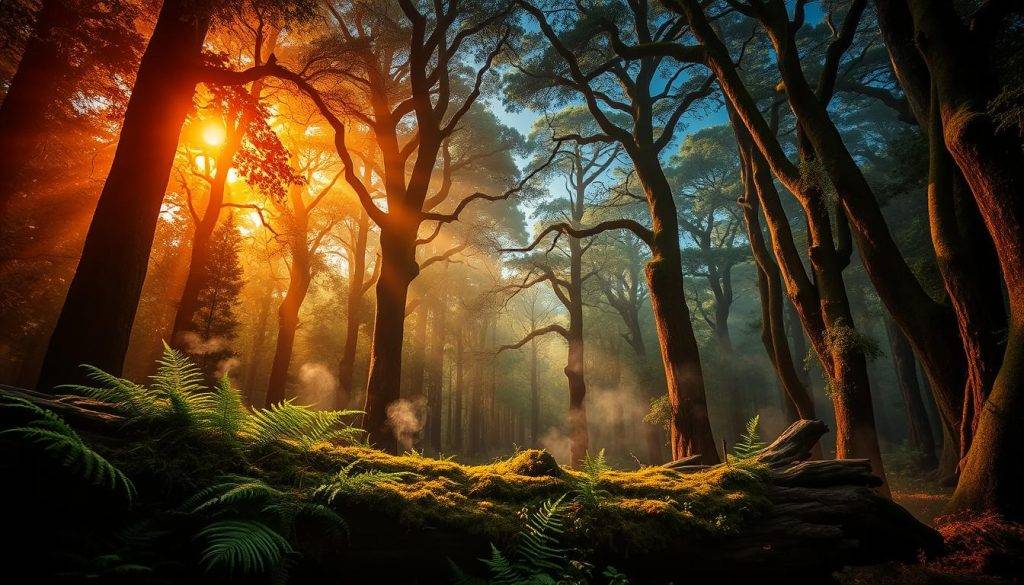 A lush, ancient forest bathed in a warm, ethereal glow. The canopy overhead parts to reveal glimpses of a starry night sky, as if the trees themselves hold the memory of the cosmos. In the foreground, a fallen log is overgrown with moss and ferns, a testament to the cyclical nature of life. Wisps of mist curl around the trunks, hinting at the unseen energies that permeate this primordial landscape. The overall atmosphere is one of timelessness and mysticism, inviting the viewer to sense the hidden wisdom and collective consciousness of the natural world.