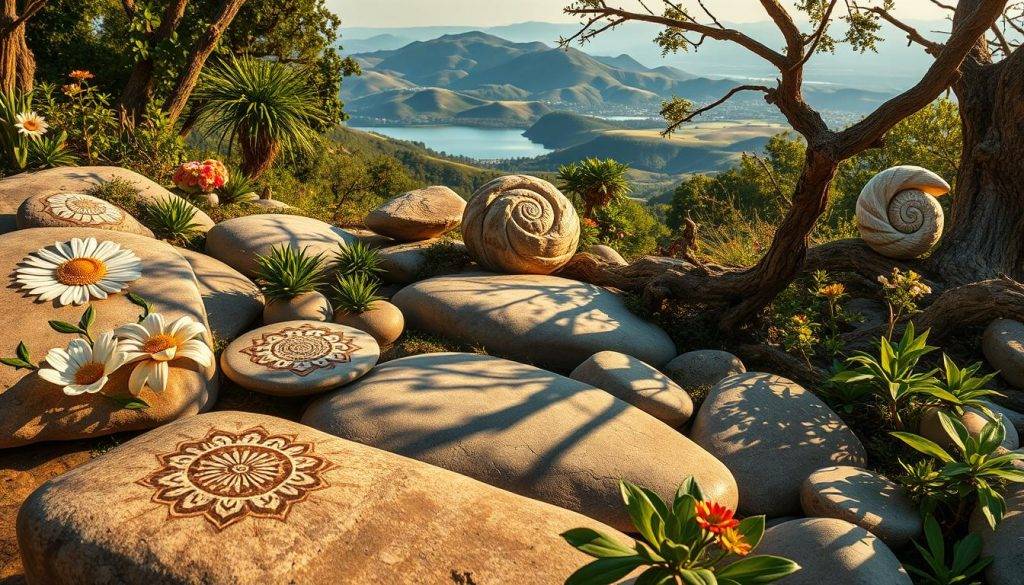 A lush, natural landscape filled with striking examples of applied art inspired by the divine proportions of the golden ratio. In the foreground, intricate floral arrangements and decorative patterns adorn the surfaces of smooth river rocks and gnarled tree branches. In the middle ground, a magnificent spiral shell and a delicate honeycomb structure cast mesmerizing shadows under the warm, diffused lighting. In the background, a breathtaking vista of rolling hills and a tranquil lake, their undulating curves echoing the sacred geometries found throughout the natural world. The overall scene conveys a sense of timeless elegance and the profound beauty that emerges when art seamlessly integrates with the inherent design principles of nature.