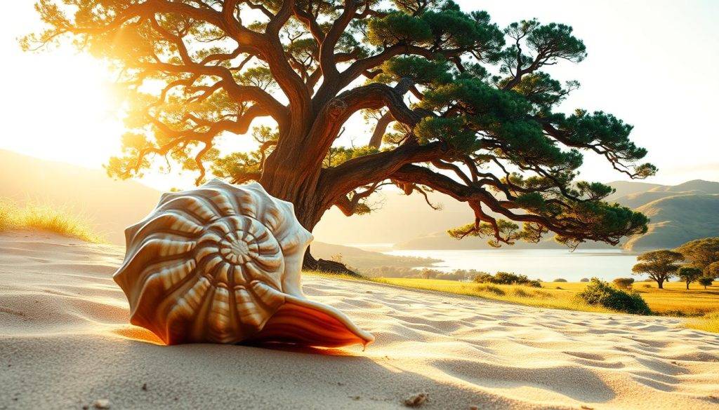 A lush, serene landscape bathed in warm, golden light, showcasing the divine proportion inherent in nature. In the foreground, a majestic spiral seashell rests on a bed of soft sand, its intricate patterns and curves embodying the Fibonacci sequence. In the middle ground, a towering, ancient tree reaches skyward, its branches forming a natural fractal pattern that echoes the sacred geometry of the universe. In the distance, rolling hills and a tranquil lake reflect the harmony and balance of the natural world. The overall scene conveys a sense of awe, wonder, and the deeper mathematical principles that govern the beauty of our world.