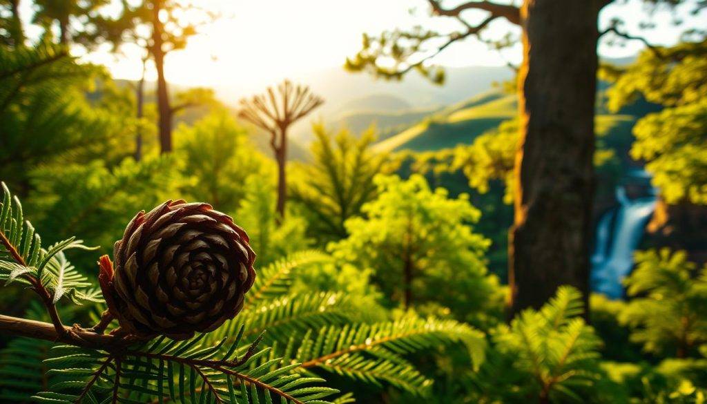 A lush, verdant forest scene bathed in warm, golden sunlight. In the foreground, a delicate fibonacci spiral emerges from the center of a pinecone, its intricate pattern mirrored in the unfurling fern fronds beside it. In the middle ground, the branching arrangement of a nearby tree trunk and the swirling patterns of a seashell echo the fibonacci sequence. Farther back, rolling hills and a distant waterfall complete the natural tableau, the entire composition infused with a sense of organic harmony and sacred geometry.