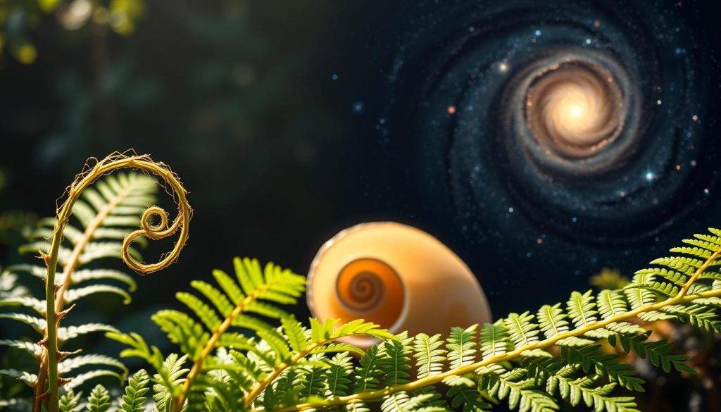 A lush, vibrant composition showcasing the natural spiral patterns found in the world around us. In the foreground, delicate tendrils of a fern plant curl and twist, creating a mesmerizing organic design. In the middle ground, a sunlit shell displays the elegant Fibonacci-inspired spirals of its chambered structure. In the background, a distant galaxy swirls with the same captivating spiral motif, connecting the micro and macro scales of the universe. The lighting is soft and diffused, lending a serene, contemplative atmosphere to the scene. Captured with a wide-angle lens to emphasize the natural harmony and interconnectedness of these spiral forms, this image is a visual representation of the sacred geometry at the heart of the natural world.