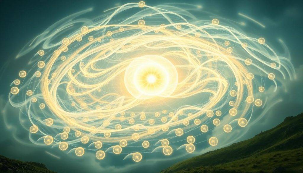 A majestic energy guide, a swirling vortex of collective wisdom and intention. In the foreground, a glowing central orb emanates a powerful aura, its luminous tendrils reaching out and intertwining with surrounding spheres of light. The middle ground features a symphony of pulsing, interconnected energy fields, each one vibrating with the collective consciousness of the group. In the background, a ethereal, otherworldly landscape sets the stage, hinting at the transcendent potential of this collective manifestation. Soft, diffused lighting casts a serene, meditative atmosphere, while the wide-angle lens captures the grand scale and holistic nature of this energy guide. The overall effect is one of unity, synchronicity, and the transformative power of collective intention.