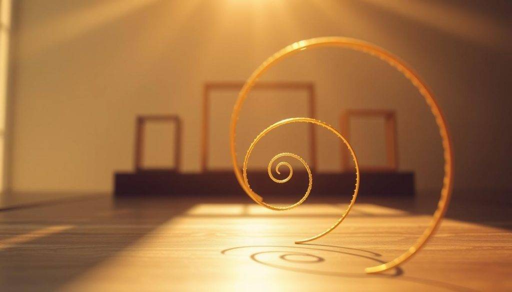 A mesmerizing visual feast of harmonious shapes and proportions, bathed in warm, natural light. In the foreground, a delicate golden spiral unfolds, its graceful curves mirroring the divine proportions of nature. In the middle ground, a series of geometric shapes - rectangles, triangles, and circles - arranged in a captivating display of aesthetic balance. The background fades into a soft, muted palette, allowing the focal elements to take center stage and inspire a sense of tranquility and contemplation. The entire scene radiates a timeless, meditative quality, inviting the viewer to explore the hidden secrets of the golden ratio and its profound influence on our everyday lives.