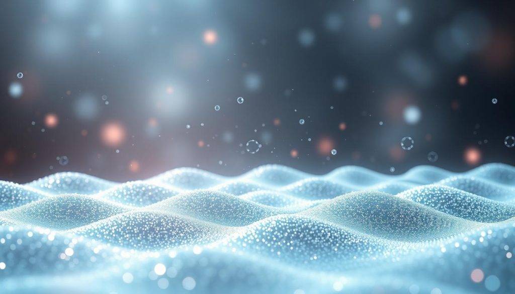 A mesmerizing visualization of quantum wave-particle duality, set against a backdrop of ethereal energy fields. In the foreground, a shimmering wave pattern undulates, hinting at the probabilistic nature of quantum phenomena. Amidst this, flickering particle-like forms emerge, embodying the dual nature of light and matter. The scene is bathed in a soft, diffuse light, creating an atmosphere of contemplation and introspection. Subtle distortions in the fabric of space-time suggest the interplay between observation and reality, inviting the viewer to ponder the mysteries of the quantum realm.