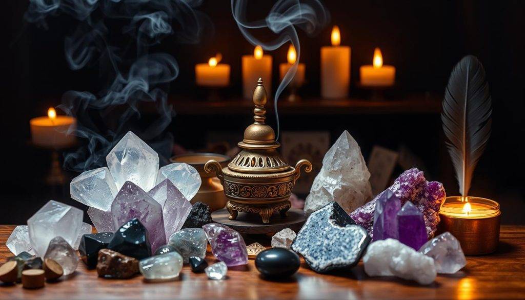 A meticulously arranged still life showcasing an array of enchanting crystal formations and ritual tools. In the foreground, a collection of quartz, amethyst, and obsidian crystals radiate a serene, otherworldly glow, bathed in soft, atmospheric lighting. In the middle ground, an ornate brass incense burner emits wisps of fragrant smoke, flanked by a set of carved wooden runes and a delicate feather. In the background, a cluster of burning candles flickers, casting a warm, meditative ambiance across the scene. The overall composition evokes a sense of mysticism and spiritual introspection, perfectly suited to illustrate the "Essential Tools and Materials for Moon Rituals."