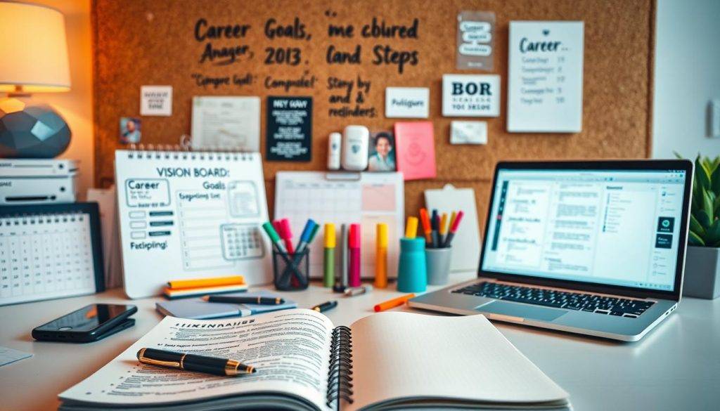 A meticulously designed workspace with a clean, minimalist aesthetic. In the foreground, an open notebook with a pen and a vision board showcasing career goals, aspirations, and action steps. Surrounding it, various office supplies and accessories arranged in a visually appealing manner. In the middle ground, a large calendar, highlighters, and a laptop displaying an organized task list. The background features a cork board with inspirational quotes and reminders, complemented by warm, diffused lighting that creates a focused, productive atmosphere.