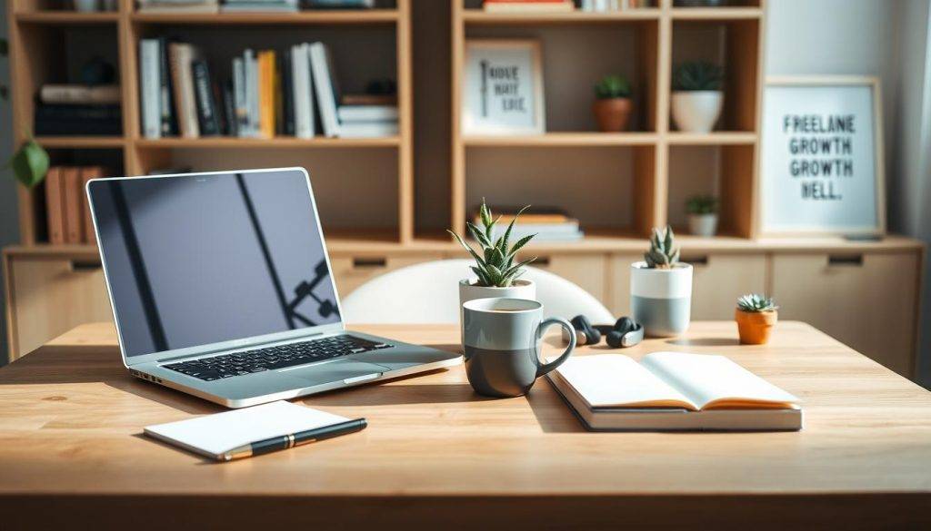 A minimalist still life scene of freelance growth tools arranged on a simple wooden table. In the foreground, a laptop, a pen, and a small notebook lie alongside a cup of coffee. The middle ground features a potted plant, a pair of wireless headphones, and a small succulent. In the background, shelves hold various books, a small succulent, and a framed motivational quote. Soft, natural lighting illuminates the scene, creating a sense of calm productivity. The overall atmosphere is one of focus, simplicity, and the tools needed to support a freelance lifestyle.