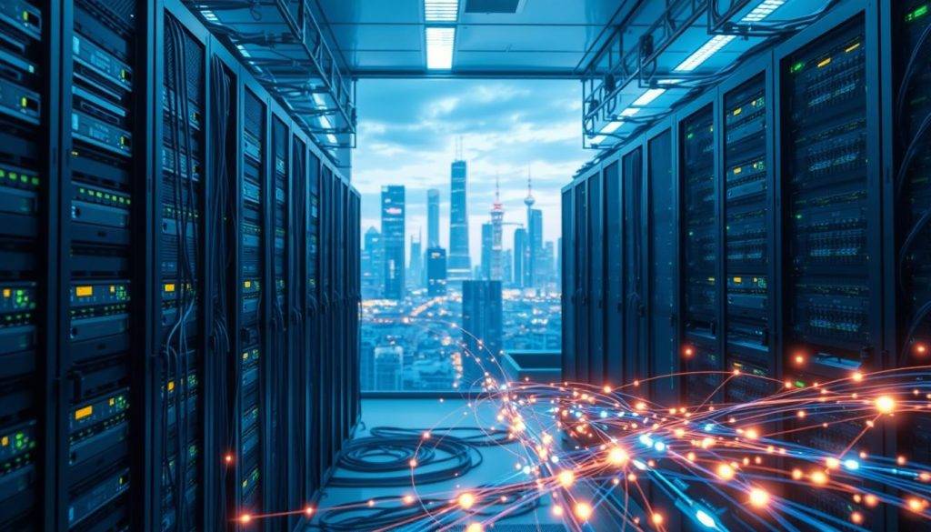 A modern data center, its racks of servers and networking equipment bathed in a soft, ambient light. Cables and conduits crisscross the scene, conveying data through a intricate, glowing web. In the foreground, a central hub or router pulses with activity, its LED indicators flickering in a rhythmic pattern. The background features a futuristic cityscape, skyscrapers and communications towers stretching into the distance, symbolizing the vast interconnected networks that power our digital world. The overall mood is one of efficiency, innovation and technological prowess, reflecting the "Innovative Solutions: Accelerating Data and Network Efficiency" theme.