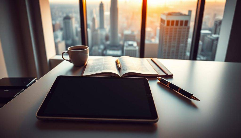 A modern workspace with a sleek, minimalist aesthetic. In the foreground, a high-resolution digital journal displayed on a thin, bezel-less tablet, its screen casting a soft, ambient glow. In the middle ground, a neatly organized desk with a classic, leather-bound printed journal, a fountain pen, and a cup of steaming coffee. The background features a large window overlooking a bustling city skyline, bathed in the warm, golden light of the setting sun. The overall scene conveys a sense of balance, productivity, and the interplay between the digital and analog realms of manifestation journaling.