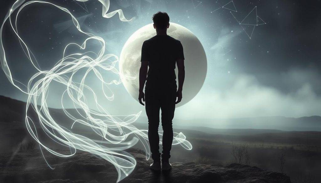 A mystical and introspective scene of a person navigating the challenges of Mercury retrograde. In the foreground, the figure stands amidst a swirling vortex of energy, represented by ethereal ribbons of light and shadow. The middle ground features a celestial backdrop with a shimmering, distorted planet Mercury, symbolizing the astrological influence. In the background, a hazy, dreamlike landscape with abstract geometric shapes and muted colors evokes a sense of the unseen forces at play. Soft, diffuse lighting casts a pensive, contemplative mood, as the person grapples with the lessons and disruptions of this astrological event.