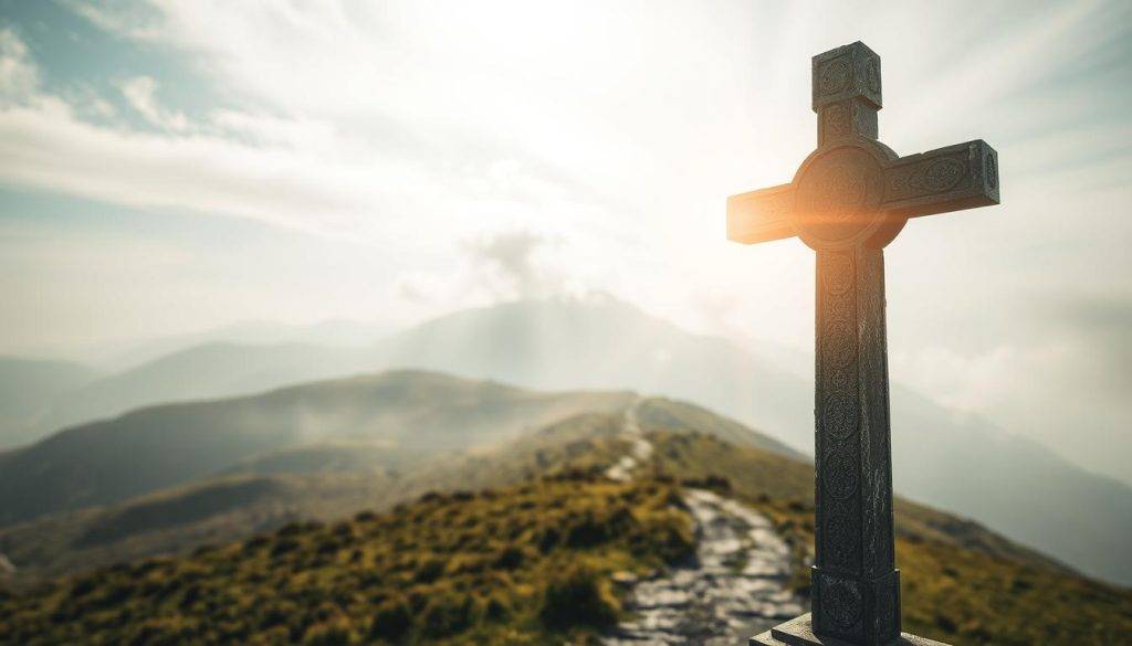 A mystical journey unfolds through the lens of St. John's Cross, casting an ethereal glow upon a serene landscape. In the foreground, the weathered cross stands tall, its intricate carvings illuminated by a soft, celestial light. The middle ground reveals a path winding through rolling hills, bathed in a hazy, dreamlike atmosphere. In the distance, a towering mountain range rises, its peaks veiled in wisps of mist, evoking a sense of the divine and the unknown. The scene is imbued with a profound sense of contemplation and spiritual awakening, inviting the viewer to embark on their own transformative journey.