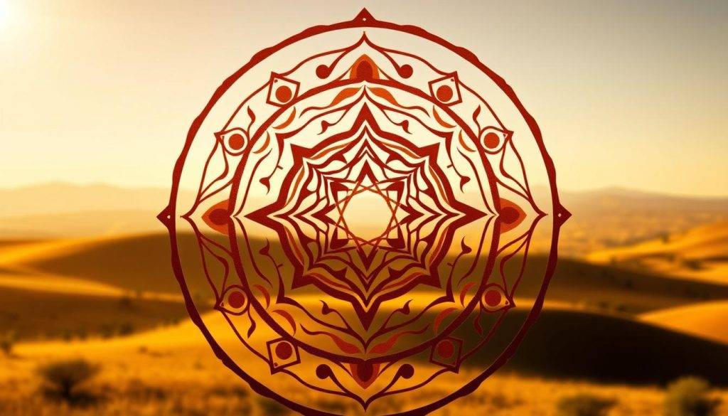 A mystical mandala-like composition, depicting the core principles of Dreamtime manifestation. In the foreground, a central symbol representing the interconnectedness of all things, surrounded by abstract shapes and energy flows in earthy tones of ochre, sienna and umber. In the middle ground, a series of nested, concentric circles symbolize the cyclical nature of time and the journey of spiritual awakening. The background features a soft, hazy landscape of rolling hills and a distant horizon, evoking a sense of timelessness and the vastness of the Australian outback. Lighting is warm and diffused, creating an atmosphere of tranquility and introspection. The overall aesthetic is a harmonious blend of geometric precision and organic fluidity, inviting the viewer to meditate on the profound wisdom of the Dreamtime.