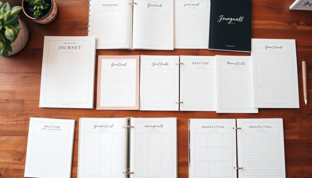 A neatly organized spread of various goal-oriented journal templates, featuring elegant designs with a refined, minimalist aesthetic. The templates are arranged on a wooden desk, with a warm, soft lighting creating a calming, introspective atmosphere. The templates showcase a range of categories, from personal growth and productivity to gratitude and manifestation, each with a distinct visual identity. The composition emphasizes the versatility and purposeful nature of these journaling tools, inviting the viewer to envision how they might enhance their own journaling practice and support their unique goals.