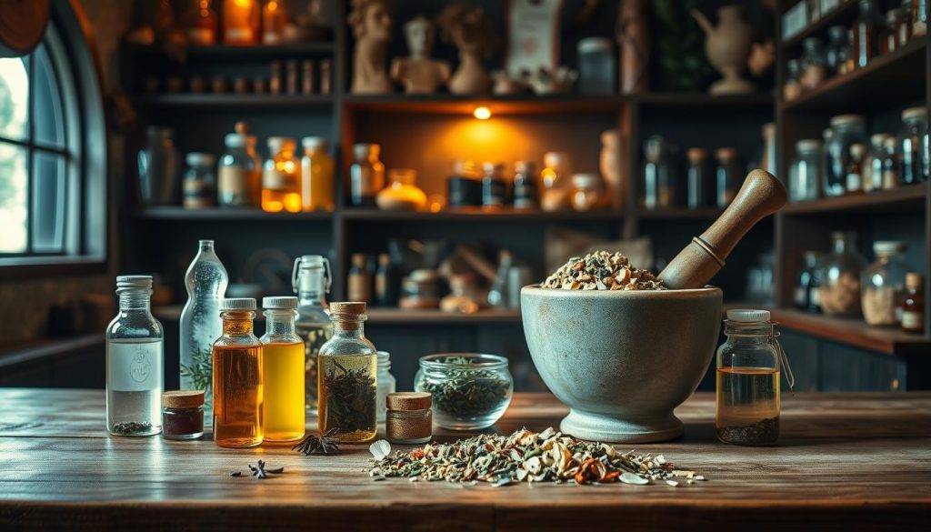 A neatly organized step-by-step guide for crafting a mystical elixir. In the foreground, an array of crystal vials, herbs, and essential oils are carefully arranged on a wooden table, their contents glowing with an ethereal light. In the middle ground, a mortar and pestle stand ready, with a medley of crushed botanicals spilling forth. The background depicts a cozy, dimly lit apothecary, shelves brimming with jars of mysterious concoctions, the atmosphere imbued with a sense of ancient wisdom. Soft, warm lighting casts a gentle glow, creating an atmosphere of tranquility and focus, inviting the viewer to embark on a transformative journey of elixir creation.