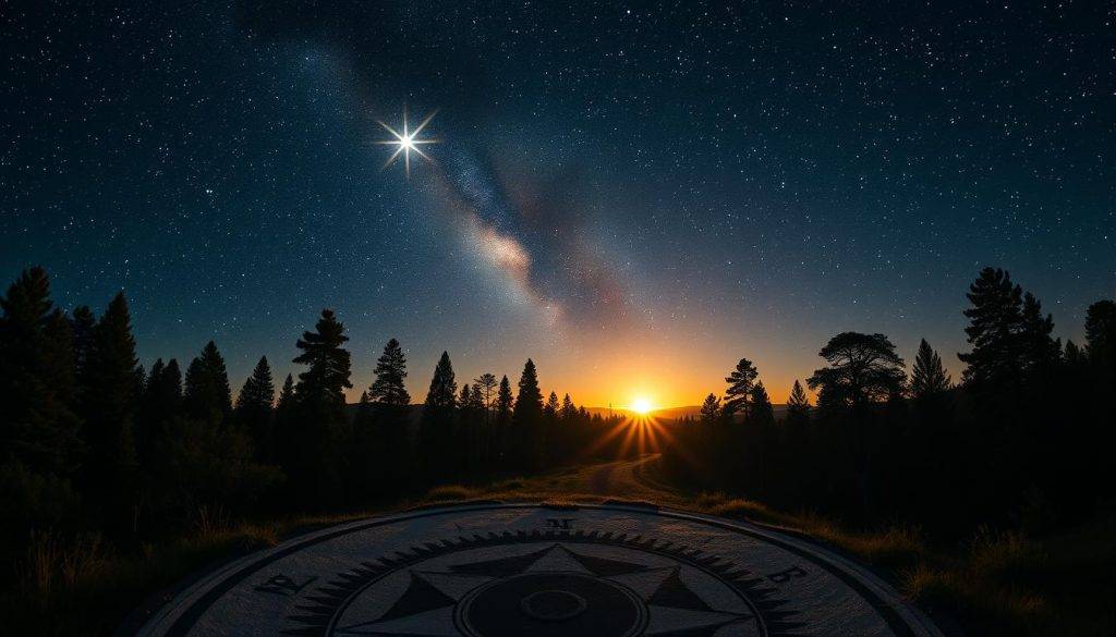 A panoramic view of a starry night sky, with the North Star shining brightly at the center. In the foreground, a compass rose guides the way, its needles pointing towards the celestial beacon. The middle ground features a tranquil forest landscape, with towering pine trees and a winding path leading the eye towards the horizon. Soft, warm lighting illuminates the scene, creating a sense of focus and intention. The overall atmosphere is one of clarity, direction, and a unwavering sense of purpose, reflecting the steps to align daily actions with long-term goals.