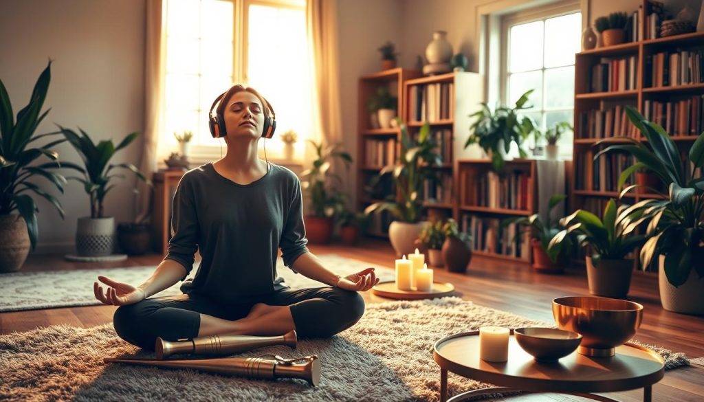 A peaceful home studio setting, bathed in warm, diffused lighting from a large window. In the foreground, a person sits cross-legged on a plush area rug, eyes closed in deep meditation, headphones on, immersed in a soothing soundscape. On a low table nearby, various sound therapy tools are arranged - tuning forks, a singing bowl, and aromatherapy candles. The middle ground reveals an inspiring array of house plants, their leaves gently swaying. In the background, bookshelves line the walls, hinting at a space dedicated to personal growth and wellness. The overall atmosphere exudes a sense of tranquility and introspection, inviting the viewer to experience the transformative power of sound therapy.