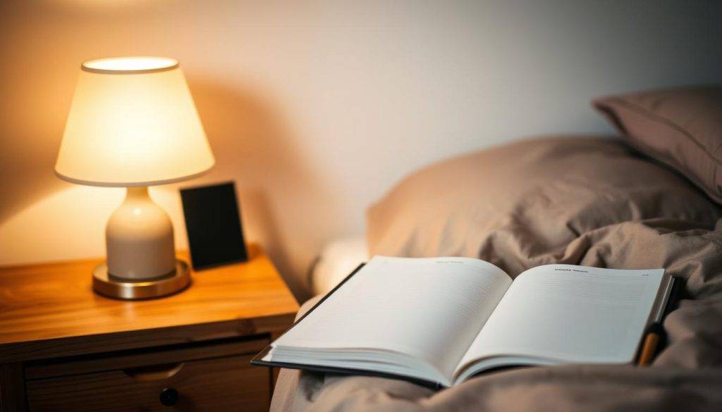 A peaceful, serene bedroom setting with a wooden nightstand, a warm table lamp, and an open dream journal resting on the surface. Soft, diffused lighting emanates from the lamp, casting a cozy glow throughout the scene. The journal's pages are blank, inviting the viewer to imagine the beginner's first steps in recording their dreams. Calming, earthy tones predominate, creating a contemplative atmosphere conducive to introspection and self-discovery. The overall composition conveys a sense of tranquility and the initial stages of an inner journey towards lucid dreaming.