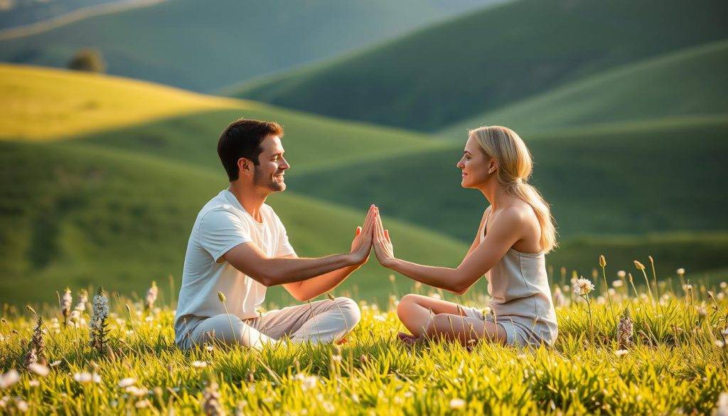 A peaceful, sun-dappled meadow, with lush green grass and wildflowers in bloom. Two people, a man and a woman, sit cross-legged facing each other, their hands clasped together. Warm, soft lighting bathes the scene, creating an atmosphere of tranquility and focus. The couple's expressions are serene, their eyes closed, as they synchronize their breathing and energy fields. In the background, rolling hills stretch out, hinting at the expansiveness of the natural world. The overall impression is one of harmony, balance, and the integration of co-manifestation practices into the rhythms of daily life.