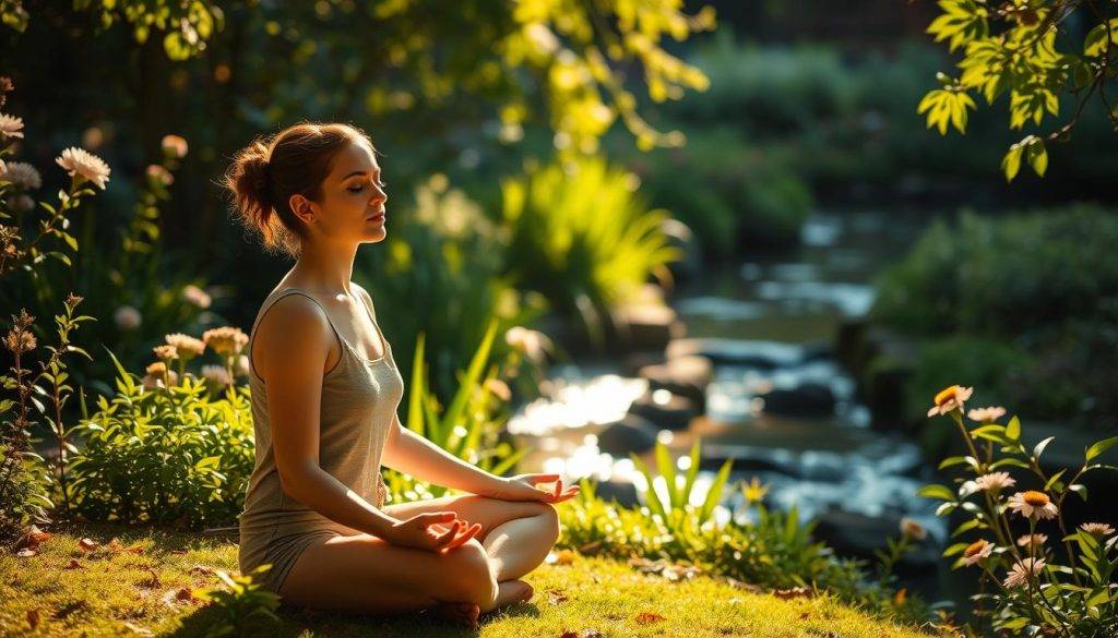 A peaceful, sunlit garden setting. In the foreground, a person sitting in a meditative pose, eyes closed, hands resting on their lap, radiating calm and introspection. In the middle ground, they are surrounded by lush, verdant plants and flowers, creating a soothing, natural atmosphere. The background features a tranquil stream or pond, with soft reflections on the water's surface. The lighting is warm and diffused, creating a serene, contemplative mood. The overall scene conveys a sense of integration, where the individual is deeply connected with the natural world, allowing insights and wisdom to flow effortlessly into their daily life.