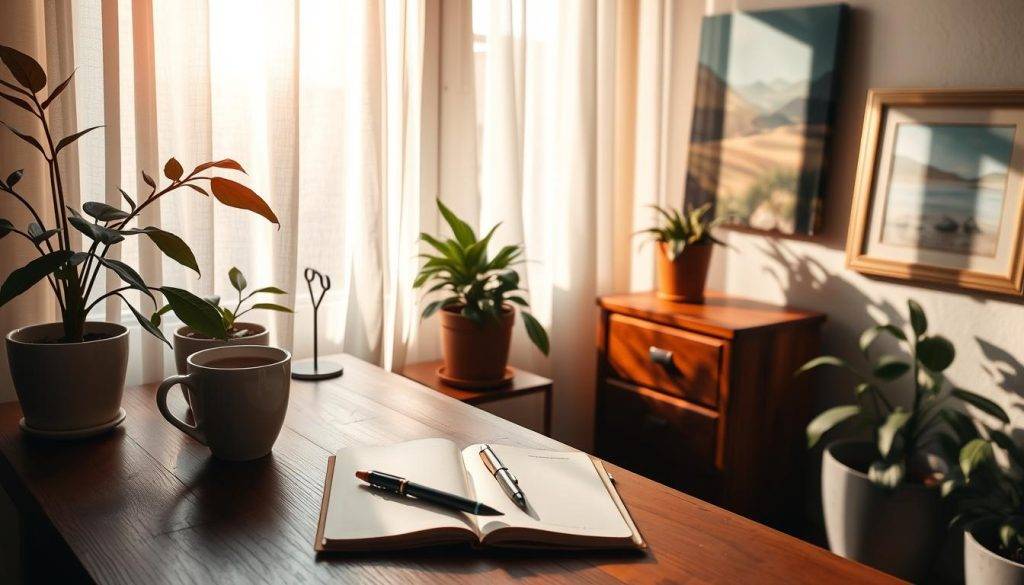 A peaceful, sunlit study space with a wooden desk, a journal, and a cup of tea. Warm natural lighting filters through sheer curtains, casting a soft, reflective glow. On the desk, a pen rests next to the open journal, inviting introspection. Surrounding the workspace, potted plants and a serene landscape painting create a tranquil, contemplative atmosphere. The scene conveys a sense of mindfulness and self-exploration, encouraging the viewer to engage in meaningful daily reflection.