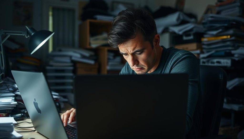 A person sitting at a desk, hunched over a laptop, their face showing signs of exhaustion and stress. The background is a cluttered, dimly lit home office, with piles of papers and electronic devices scattered around. The lighting is harsh, casting deep shadows on the person's face, conveying a sense of burnout and mental fatigue. The scene is captured with a medium-close-up framing, creating an intimate and empathetic perspective. The overall atmosphere is one of overwhelming workload, lack of work-life balance, and the physical and mental toll of prolonged remote work.