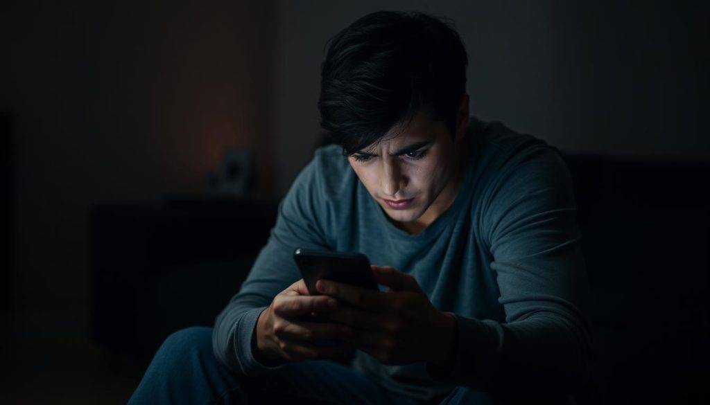 A person sitting hunched over a smartphone, with a worried expression and tense body language. The scene is captured in a dimly lit room, with a soft, warm light source casting shadows on the walls. The background is blurred, creating a sense of isolation and focus on the subject's experience. The image conveys the feelings of anxiety, restlessness, and a sense of being trapped by the pull of constant digital connectivity, which are hallmarks of nomophobia.