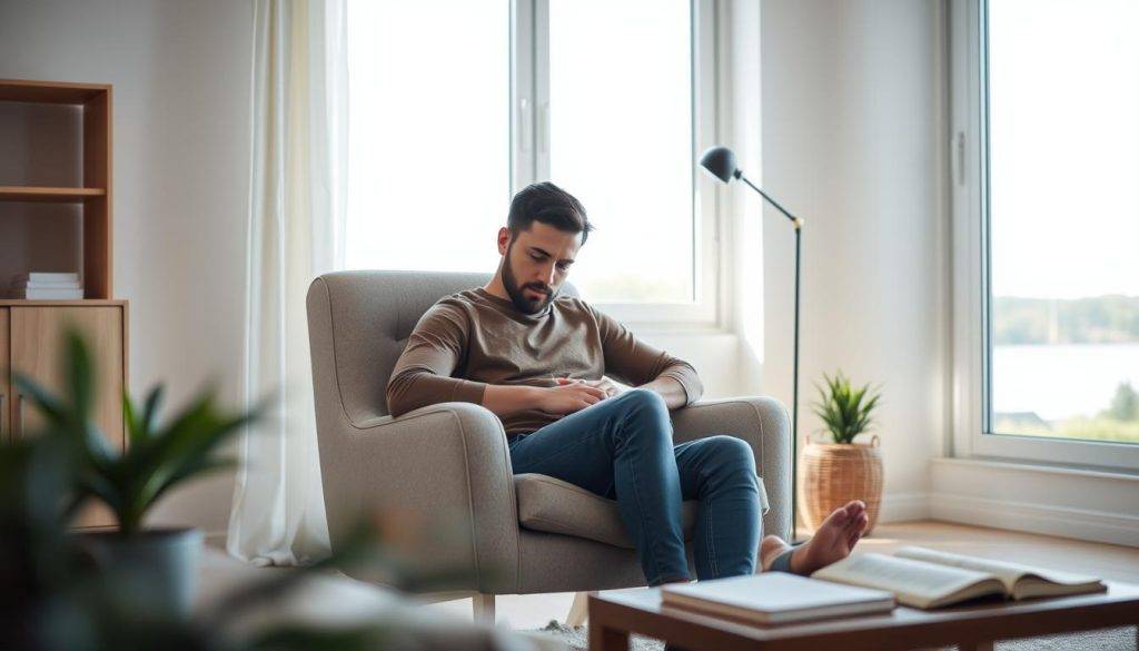 A person sitting in a comfortable chair, deep in contemplation, surrounded by a serene and minimalist home environment. The lighting is soft and natural, casting a calming glow. In the foreground, there are no digital devices or screens, symbolizing a break from technology. In the middle ground, a potted plant and a book represent mindfulness and grounding. The background features a large window, allowing natural light to fill the space and a tranquil outdoor scene beyond, suggesting a sense of balance and connection with the natural world. The overall mood is one of tranquility, clarity, and a reclaimed sense of control over one's digital life.