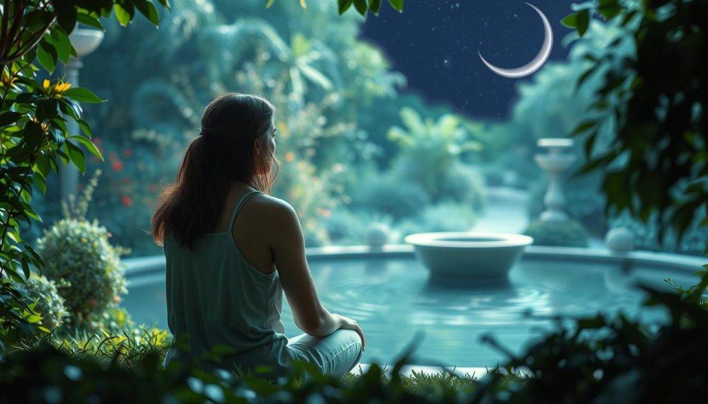 A person sitting in a tranquil garden, contemplating the shifting energies of Mercury's retrograde. Soft, diffused lighting filters through the lush foliage, creating a serene, introspective atmosphere. In the foreground, a central figure is captured in a pensive pose, their gaze turned inward as they reflect on the lessons and opportunities presented during this astrological event. The middle ground features a calming water feature, its gentle ripples mirroring the internal processes of growth and self-discovery. In the background, a starry night sky or crescent moon serves as a reminder of the cyclical nature of existence, inviting the viewer to embrace the ebb and flow of life's transformations.