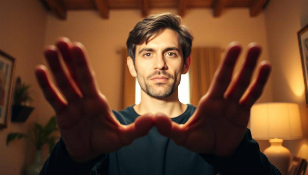 A person standing at the center of the frame, their gaze focused and determined, embodying a sense of purpose. In the foreground, their hands gesture with intentional movement, conveying a sense of inner drive and commitment. The background features a warm, softly-lit environment, with subtle details that evoke a sense of progression and forward momentum. The lighting is natural and directional, creating a sense of depth and drama. The overall mood is one of inspiration, resolution, and the power of focused action.