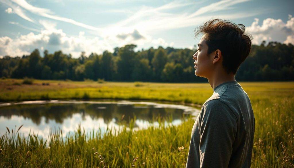 A person standing in a serene, reflective meadow, deep in thought as they gaze at their own reflection in a tranquil pond. Soft, natural lighting filters through wispy clouds, casting a warm, contemplative glow. The person's expression is one of introspection, as they ponder the lessons and insights gained from their relationships and life experiences. In the background, a verdant forest frames the scene, symbolizing the abundance of knowledge and growth that can come from introspection and self-discovery. The overall mood is one of contemplation, self-awareness, and the transformative power of learning from one's connections and journey through life.