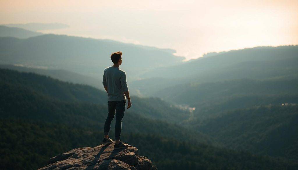 A person standing on a cliff edge, gazing out towards a vast, endless horizon. Their posture is one of contemplation and resolve, as they confront their fears and embrace the unknown. The lighting is soft and diffused, casting a warm, golden glow that illuminates the scene. The background is a panoramic vista of rolling hills, forests, and a distant, shimmering sea. The composition is balanced, with the subject positioned in the foreground, their silhouette striking against the expansive landscape. The mood is one of introspection and personal growth, conveying the idea of overcoming boundary fears and embracing a new, empowered perspective.