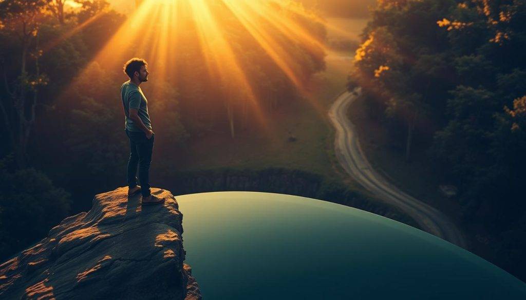 A person standing on a cliff, gazing introspectively at their reflection in a pool below, surrounded by a dense forest. Warm, golden sunlight filters through the trees, casting a contemplative glow. The person's expression shows a mix of determination and vulnerability as they work to overcome the barriers of self-reflection. In the foreground, the pool's surface acts as a mirror, distorting the person's image and symbolizing the challenges of self-understanding. The background features a winding path leading deeper into the forest, hinting at the journey of personal growth. A sense of peaceful isolation and inner exploration permeates the scene.