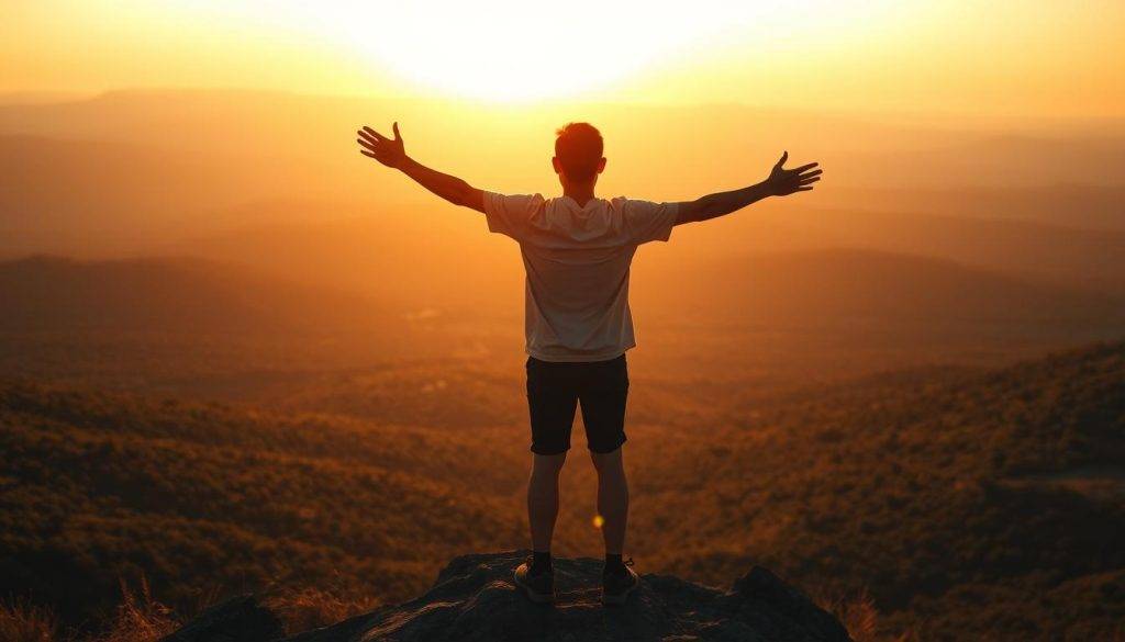 A person standing on top of a mountain, gazing out at the vast, open landscape. The figure is silhouetted against a warm, golden sunset, their arms outstretched in a triumphant pose, symbolizing the overcoming of limiting beliefs and obstacles. The foreground is slightly blurred, drawing the viewer's attention to the central figure, while the background is sharp and detailed, revealing a lush, verdant valley below. The lighting is soft and natural, casting a serene, reflective mood. The angle is slightly elevated, giving the viewer a sense of empowerment and possibility.