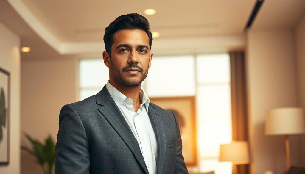 A professional executive standing confidently in a modern, well-lit office. Their tailored suit is impeccably pressed, reflecting their attention to detail. The lighting is warm and flattering, highlighting the leadership presence and poise. The background features a clean, minimalist aesthetic with subtle decor, allowing the subject to be the focal point. The executive's gaze is direct and authoritative, conveying a sense of confidence and command. The overall atmosphere radiates an aura of competence, composure, and executive-level presence.