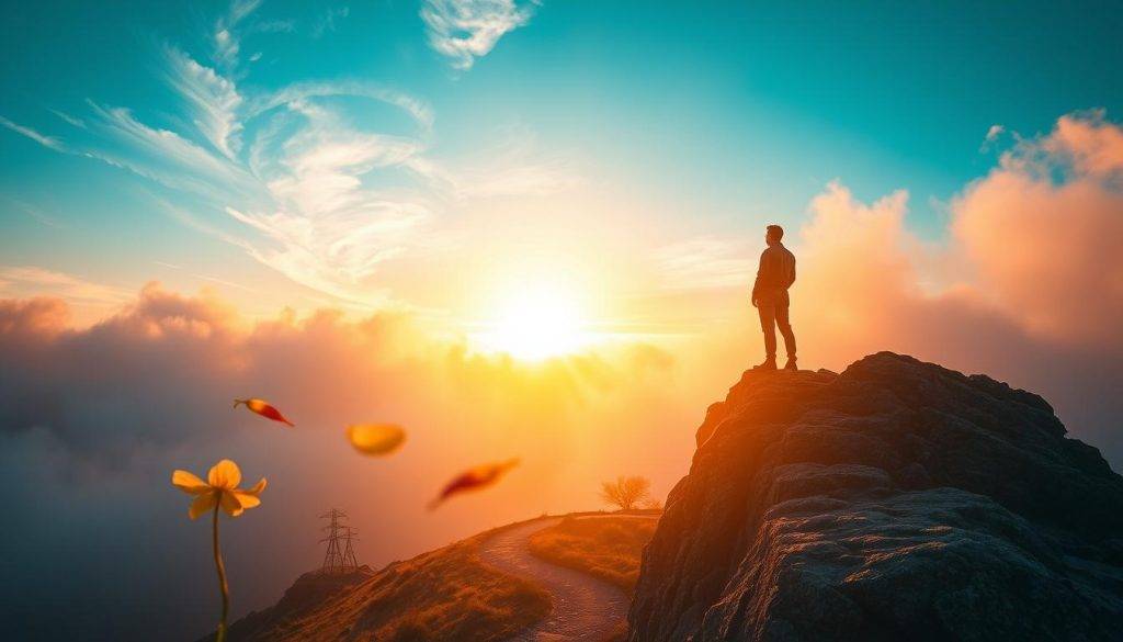 A resolute figure stands atop a rocky precipice, gazing out over a vast, ethereal landscape. The sun's warm rays pierce through swirling mist, casting a hopeful glow. In the foreground, delicate flower petals float on a gentle breeze, symbolizing the resilience and beauty that can emerge from adversity. The middle ground features a winding path, leading the eye towards a distant, glowing horizon - a metaphor for the journey of overcoming negative thoughts and obstacles. The overall atmosphere is one of contemplation, determination, and the promise of brighter days ahead.