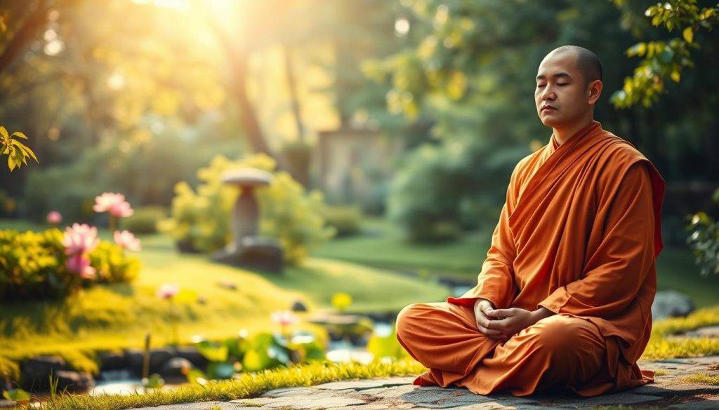 A serene Buddhist monk sits cross-legged in a tranquil meditation garden, eyes closed, hands resting calmly in their lap. The background features a lush, verdant landscape with a small, flowing stream and vibrant, blooming lotus flowers. Soft, warm lighting filters through the trees, creating a peaceful, contemplative atmosphere. The scene evokes a sense of inner calm, focus, and equanimity - the Buddhist practice of maintaining a balanced, impartial mindset in the face of life's joys and sorrows. The composition emphasizes the monk's centered, grounded presence, inviting the viewer to cultivate a similar state of equanimity.